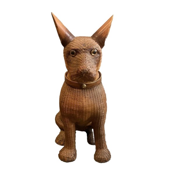 Shanghai Industries Chinese Mid Century 1970s Woven Wicker Bamboo Dog Basket